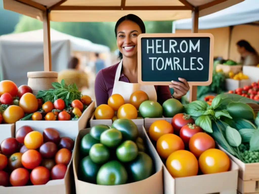 Productores locales en dieta sin gluten: Escena vibrante de puesto de mercado con productos orgánicos y agricultor sonriente