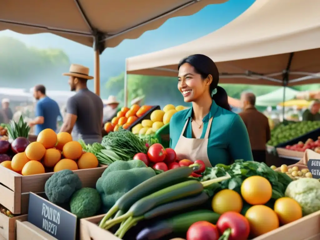 Productores locales en dieta sin gluten vendiendo variedad de productos frescos en mercado comunitario