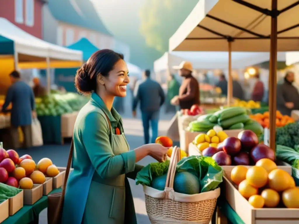 Productores locales en dieta sin gluten disfrutan de un bullicioso mercado agrícola lleno de frutas y verduras frescas y coloridas