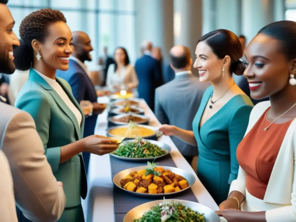 Profesionales disfrutan de buffet sin gluten en evento laboral elegante