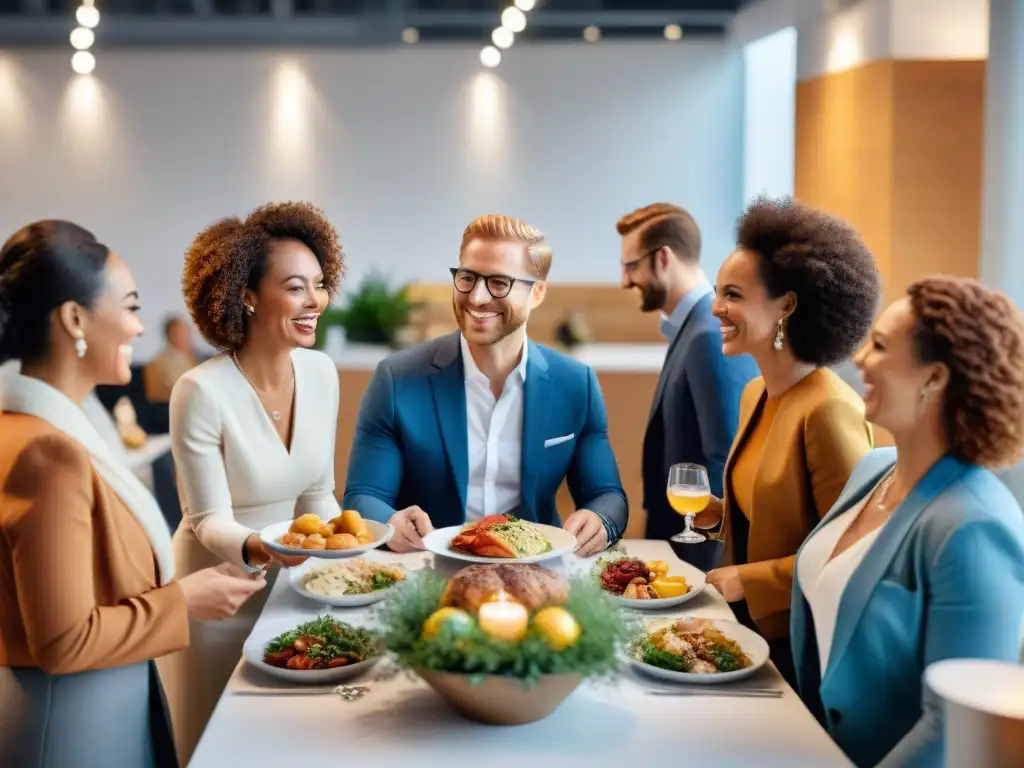 Profesionales en evento laboral con consejos celíacos en elegante oficina