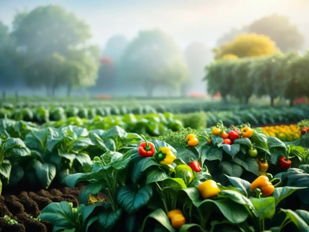 Un próspero huerto lleno de pimientos, tomates maduros y lechugas verdes bajo el sol