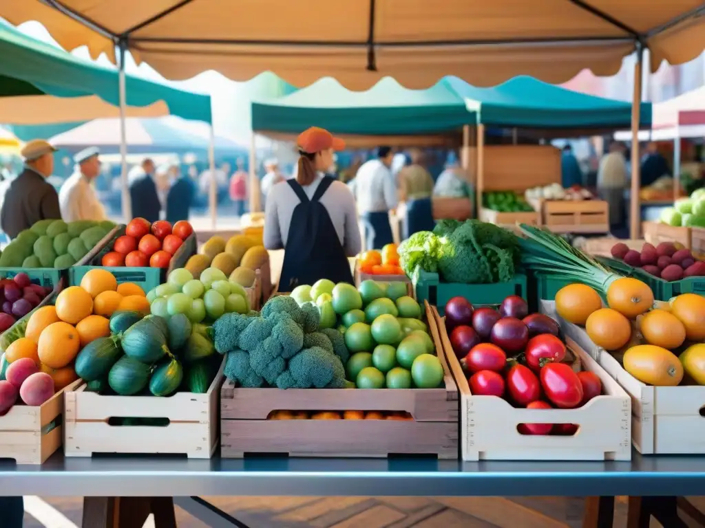 Un puesto de mercado bullicioso y vibrante, lleno de frutas y verduras frescas y coloridas en cajas de madera