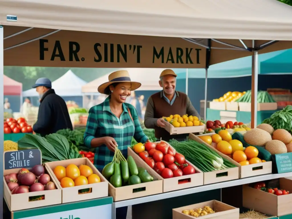 Un puesto de mercado colorido ofrece alternativas saludables sin gluten como tomates de colores y pimientos crujientes, rodeado de clientes sonrientes