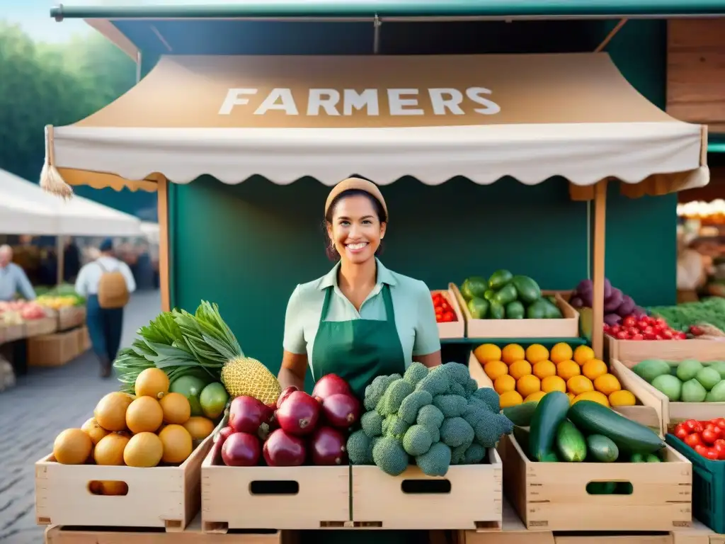 Un puesto de mercado colorido con frutas, verduras y granos sin gluten en una escena vibrante y acogedora