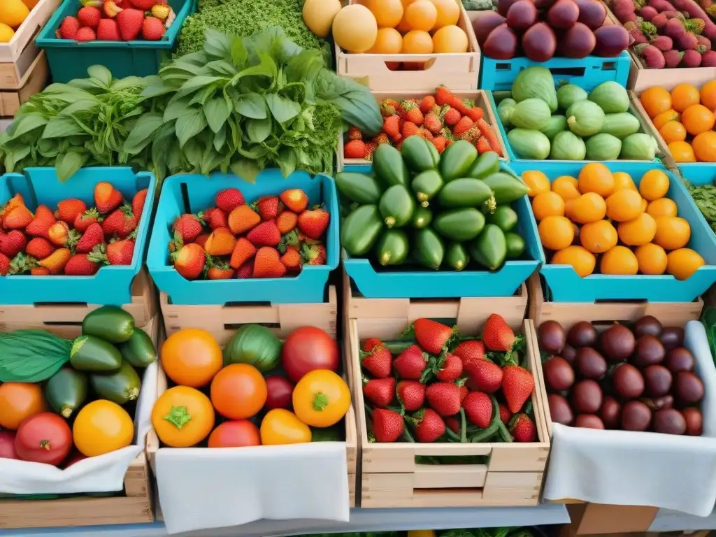 Un puesto de mercado lleno de frutas y verduras frescas y coloridas, creando una atmósfera acogedora