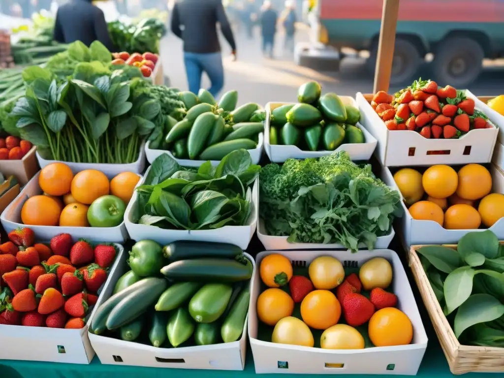 Un puesto de mercado lleno de frutas y verduras frescas y coloridas, bañado por la luz del sol