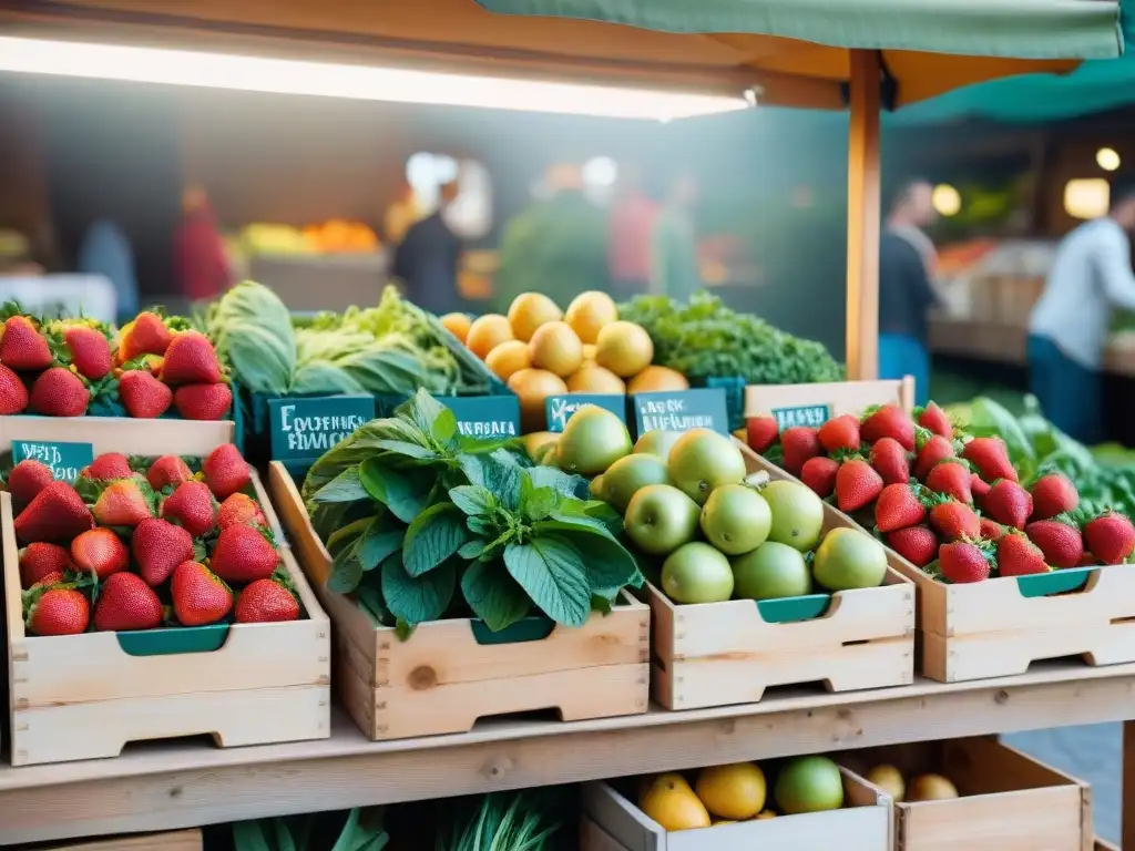 Un puesto de mercado lleno de frutas y verduras frescas y coloridas, todos orgánicos y sin gluten, resplandece con abundancia y frescura