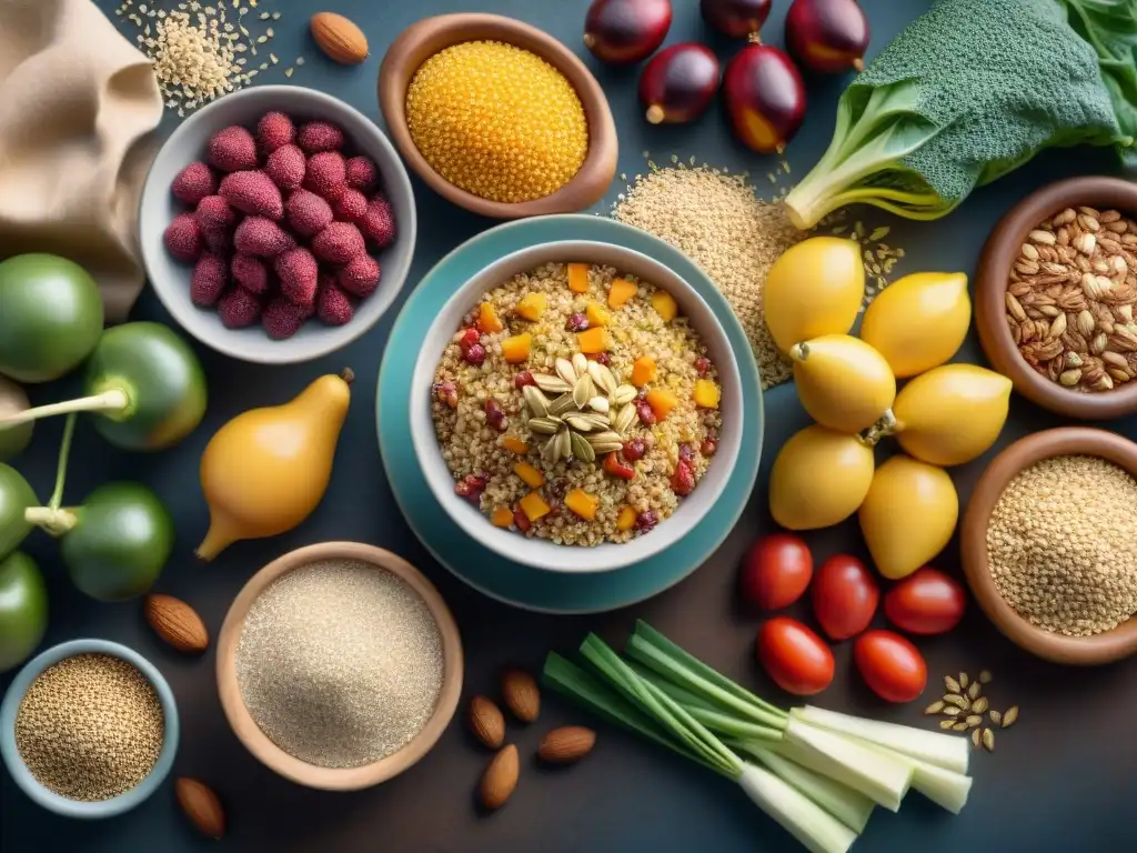 Un puesto de mercado lleno de frutas y verduras frescas y coloridas, granos sin gluten, nueces y semillas