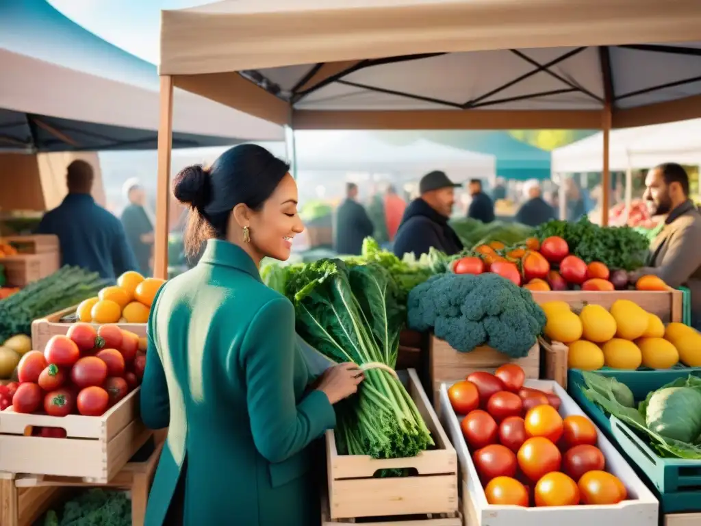 Un puesto de mercado lleno de productos orgánicos coloridos y frescos bajo el sol, ideal para recetas sin gluten ingredientes orgánicos