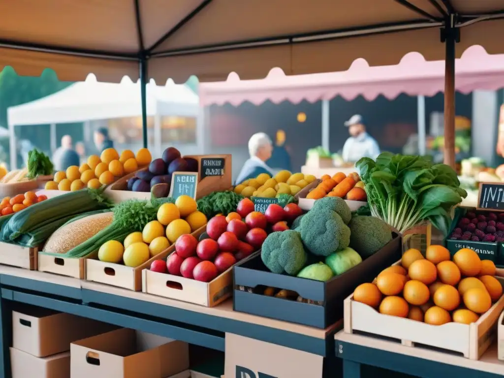 Un puesto de mercado lleno de productos orgánicos sin gluten beneficios: frutas, verduras, pan y clientes felices