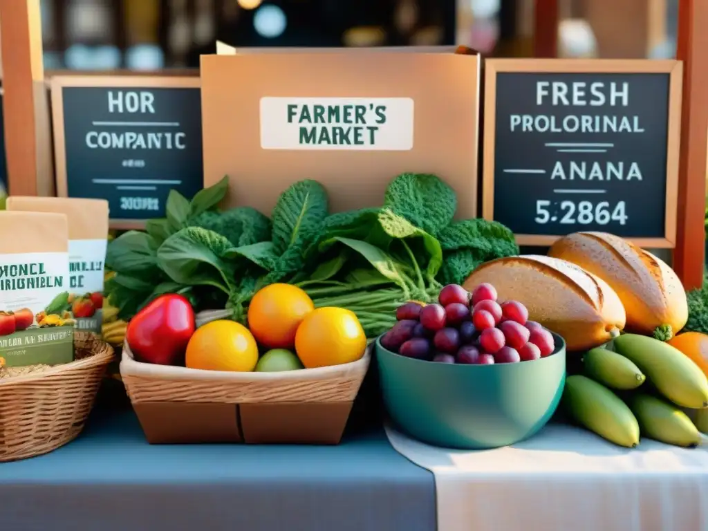 Un puesto de mercado orgánico y sin gluten rebosante de colores, frutas frescas, verduras y pan artesanal, bañado por la cálida luz del sol