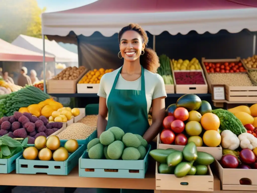 Un puesto de mercado orgánico sin gluten rebosante de coloridos productos frescos, nutriendo la comunidad con vitalidad y conexión