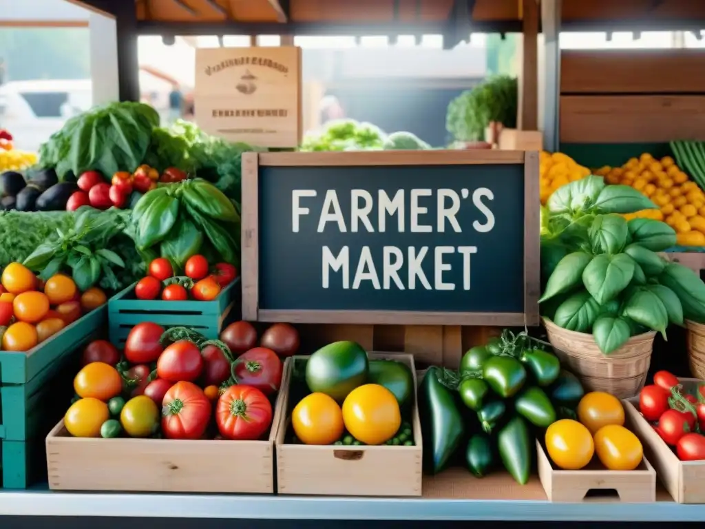 Un puesto de mercado con productos frescos y coloridos bajo el sol