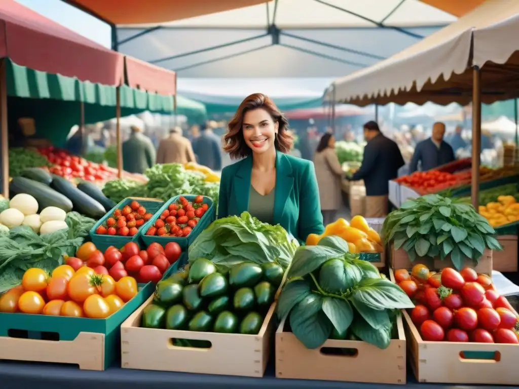 Un puesto de mercado con productos frescos y coloridos crea una atmósfera saludable y vibrante