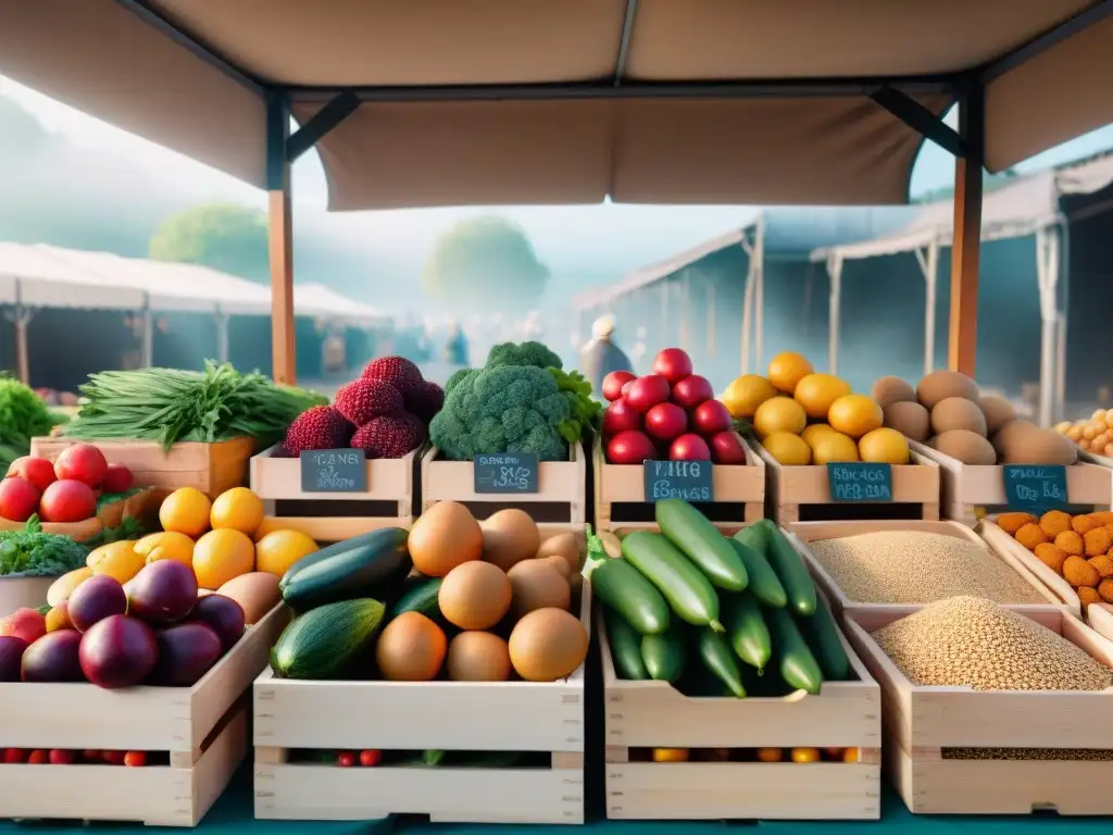 Un puesto de mercado rebosante de alimentos frescos y coloridos, ideal para una dieta sin gluten recetas innovadoras