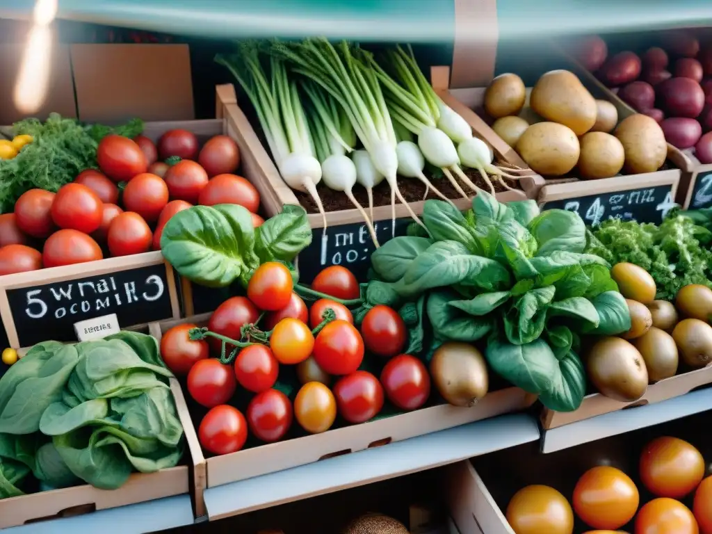 Un puesto de mercado rebosante de alimentos sin gluten para cocinar: tomates rojos brillantes, lechuga fresca, zanahorias naranjas y papas marrones