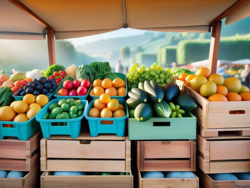 Un puesto de mercado rebosante de frutas y verduras orgánicas en cajas de madera y cestas de mimbre, bañado por el sol