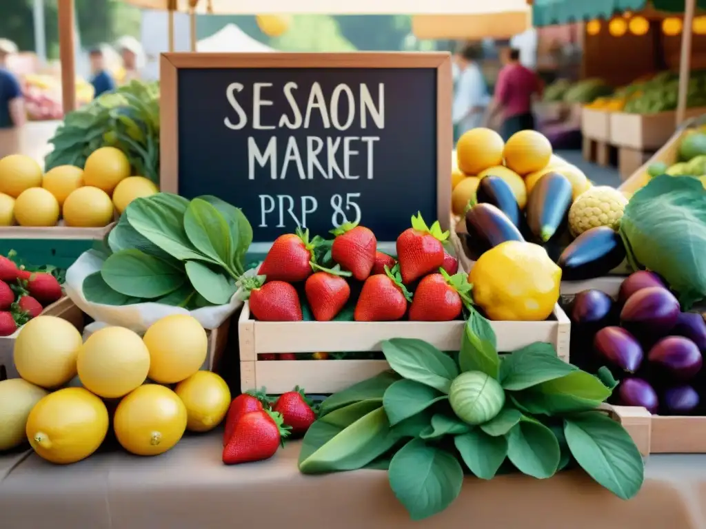 Un puesto de mercado rebosante de frutas y verduras coloridas bajo la luz cálida del sol, con un granjero amigable arreglando los productos