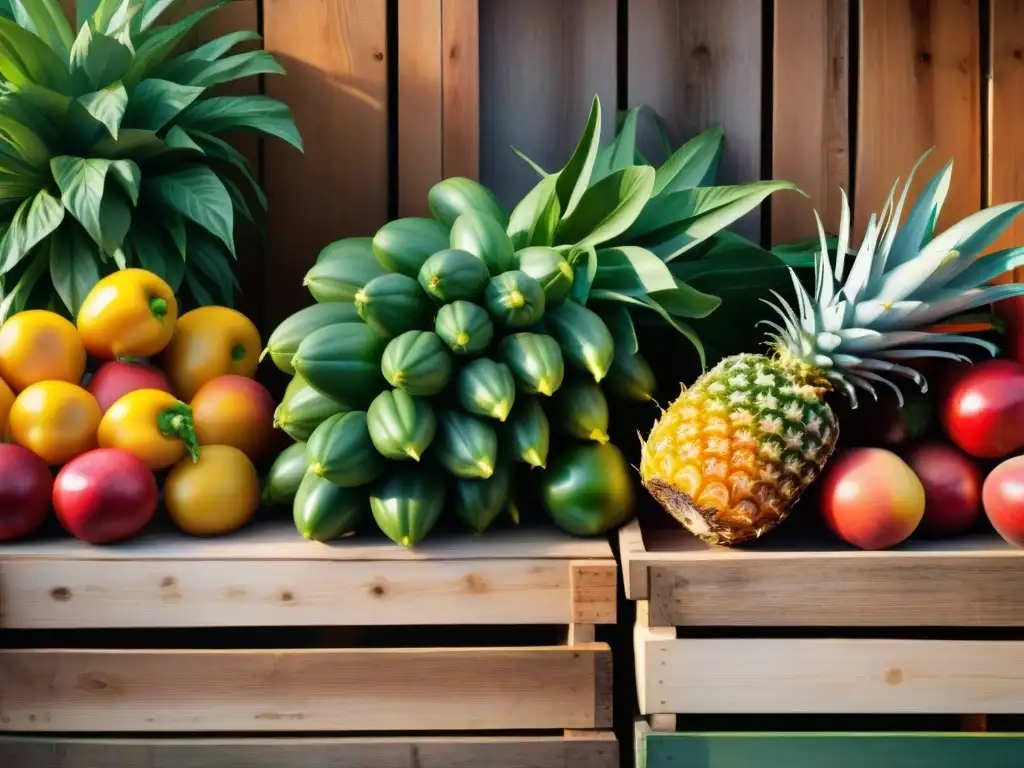 Un puesto de mercado rebosante de frutas y verduras de temporada, detalladas y coloridas