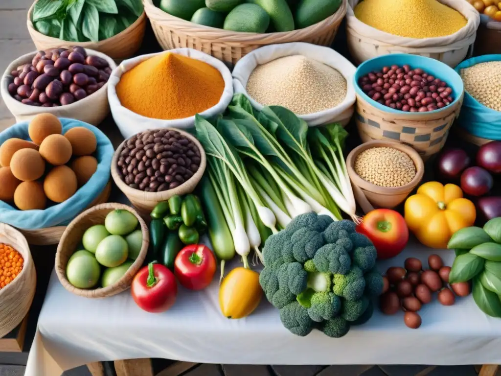 Puesto de mercado orgánico: abundancia de frutas y verduras Un puesto de mercado rebosante de frutas, verduras, granos y legumbres veganos y sin gluten