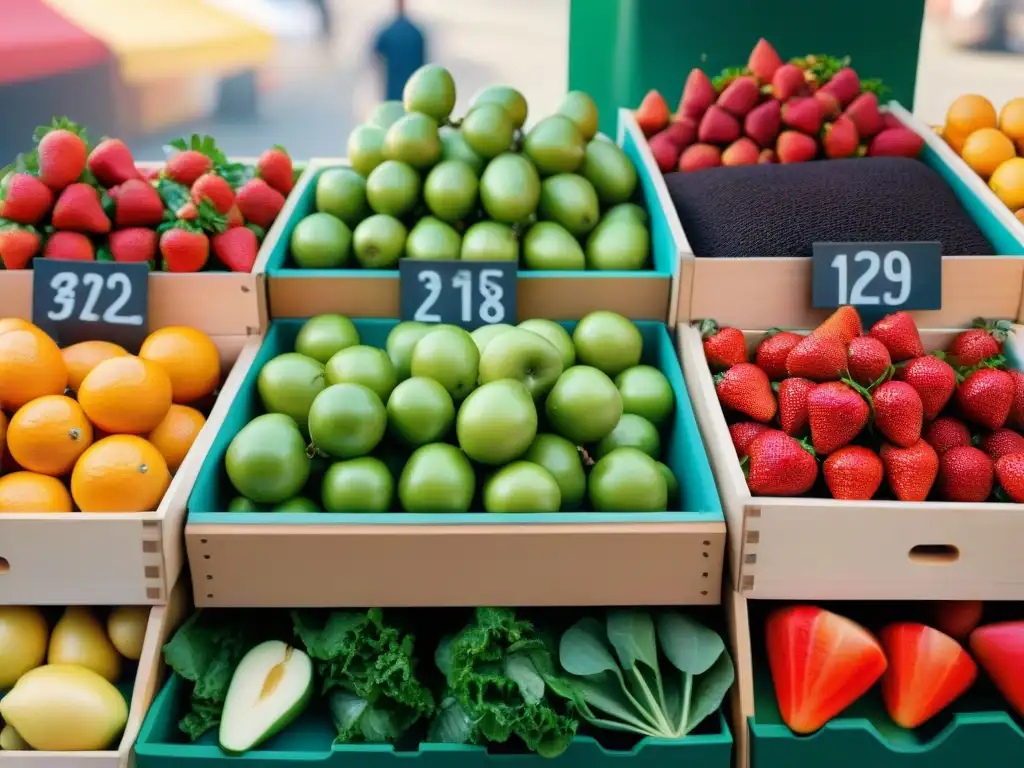 Un puesto de mercado rebosante de frutas y verduras frescas, bañado por la luz del sol