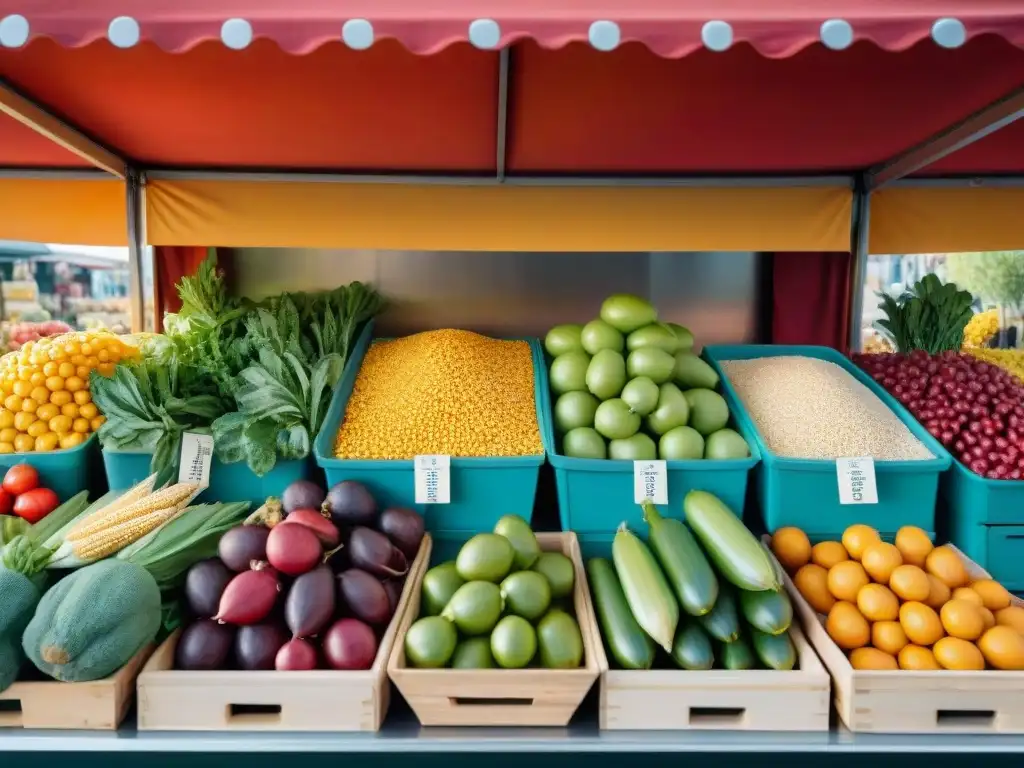 Un puesto de mercado rebosante de frutas, verduras y granos sin gluten