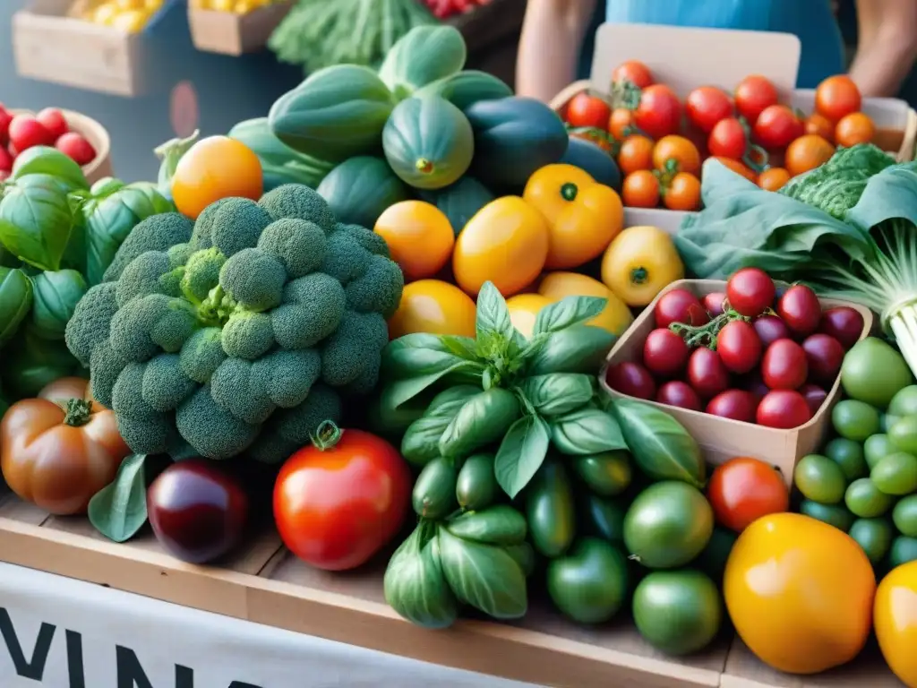 Un puesto de mercado rebosante de frutas y verduras orgánicas, bañado por la luz del sol