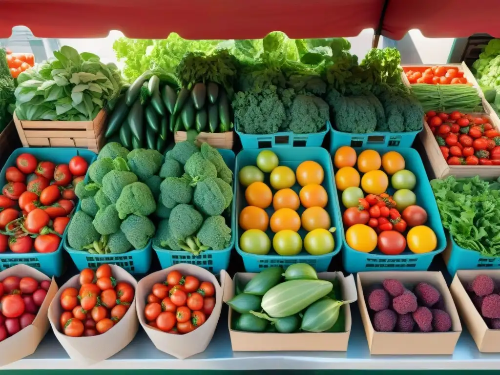 Un puesto del mercado rebosante de frutas y verduras frescas sin gluten, transmitiendo abundancia y frescura en una dieta paleo