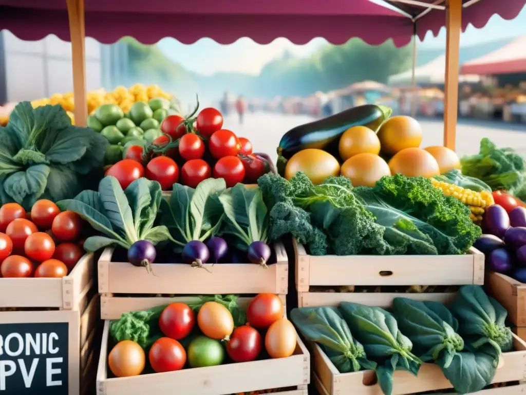 Un puesto de mercado rebosante de frutas y verduras orgánicas frescas, reflejando el estilo de vida Paleo sin gluten