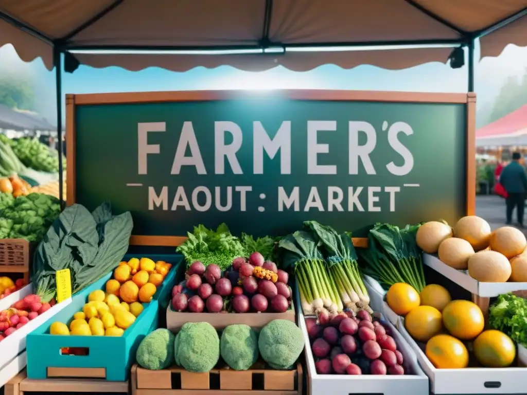 Mercado sin gluten: colores y sabores naturales Un puesto de mercado rebosante de frutas y verduras coloridas con etiquetas 'sin gluten', ideal para quienes siguen la dieta sin gluten para adelgazar
