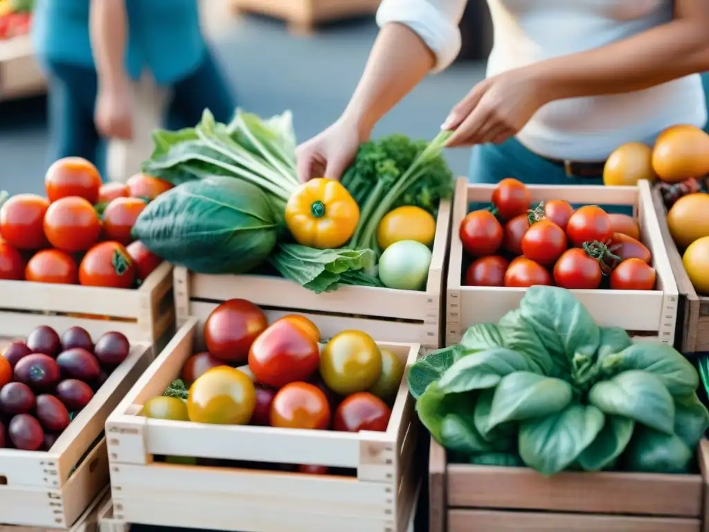 Un puesto de mercado rebosante de frutas y verduras orgánicas, bañado por el sol