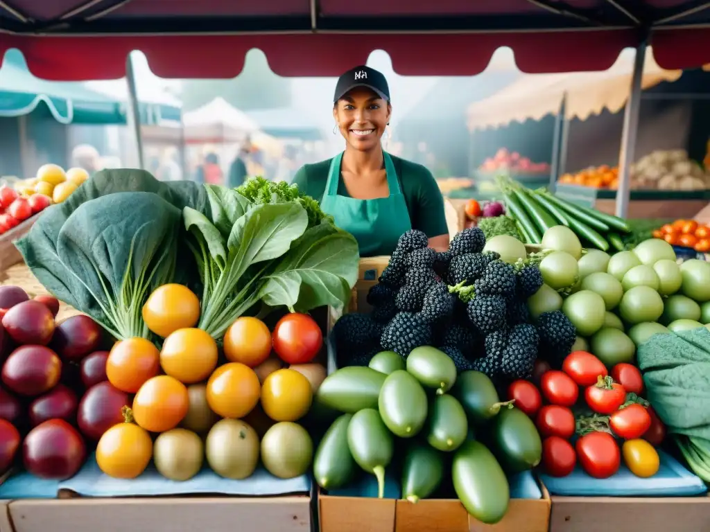 Un puesto del mercado rebosante de frutas y verduras orgánicas, destacando los beneficios de la dieta vegana sin gluten