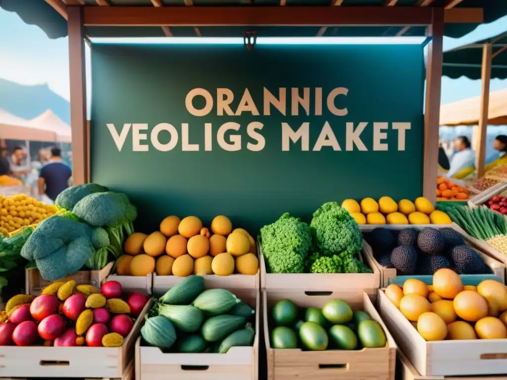 Un puesto de mercado rebosante de frutas y verduras orgánicas coloridas, granos y nueces sin gluten en cestas de madera