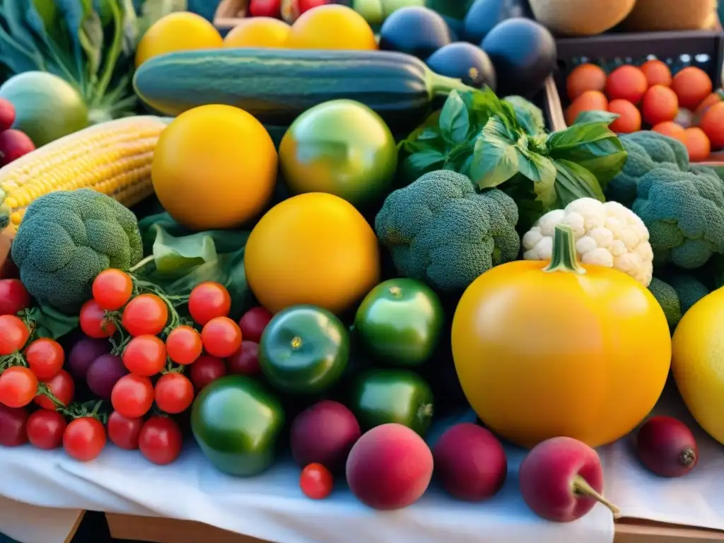 Un puesto de mercado rebosante de frutas y verduras frescas, bañado en luz dorada, creando una exhibición cautivadora de salud y bienestar