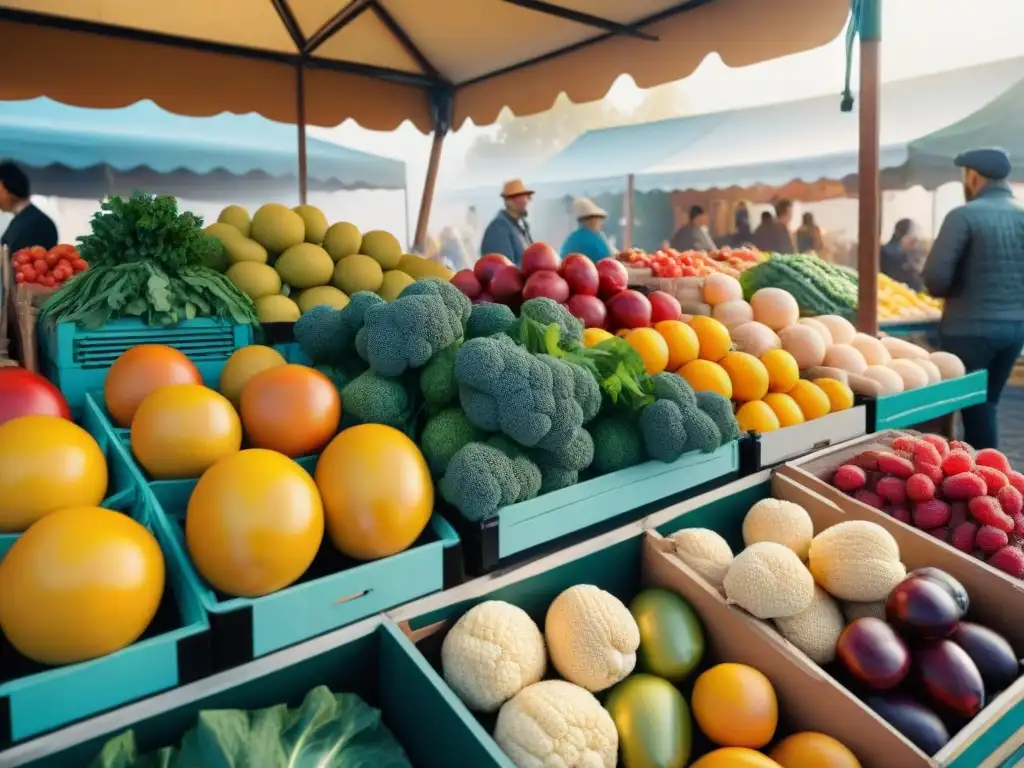 Un puesto de mercado rebosante de frutas y verduras orgánicas, iluminado por rayos dorados