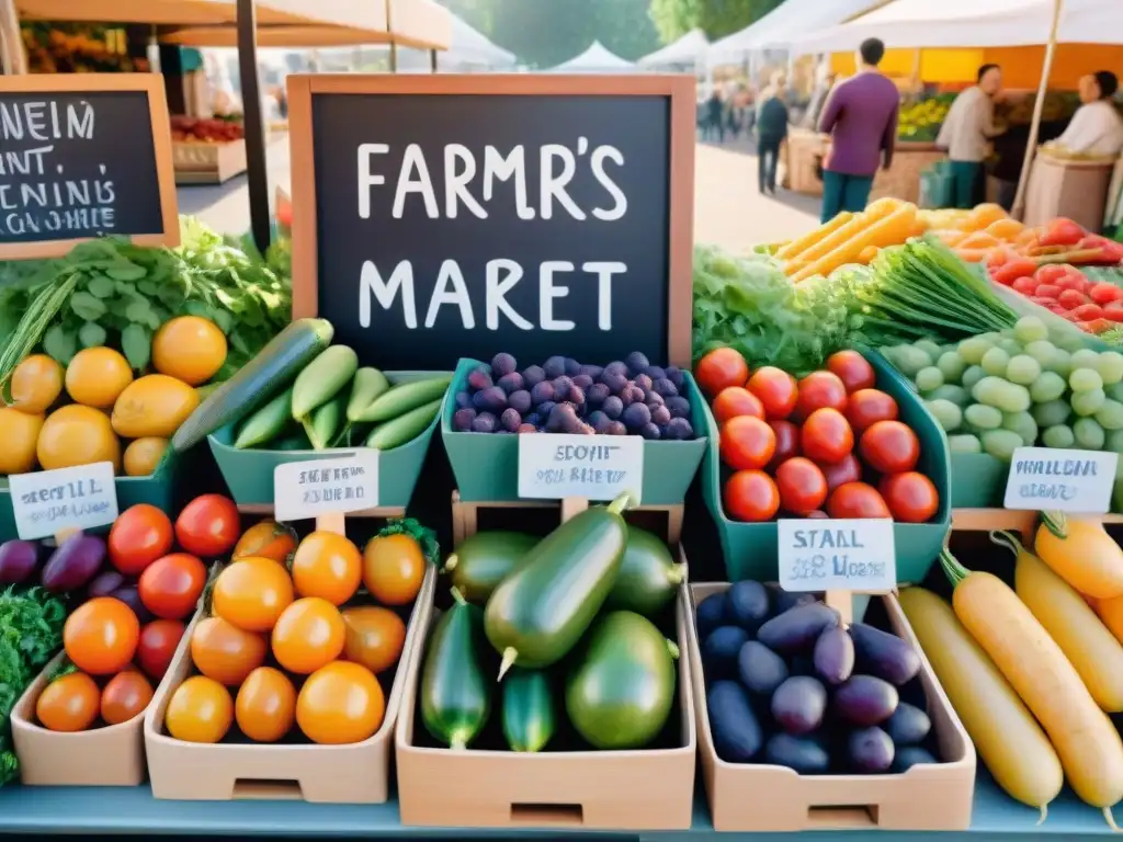 Un puesto de mercado rebosante de frutas y verduras frescas y orgánicas, bañado en luz dorada