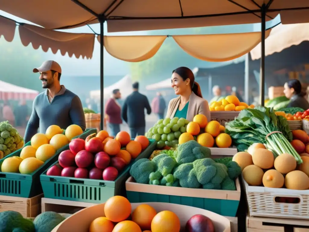 Un puesto de mercado rebosante de frutas, verduras y productos sin gluten, mostrando una transición exitosa hacia dieta sin gluten