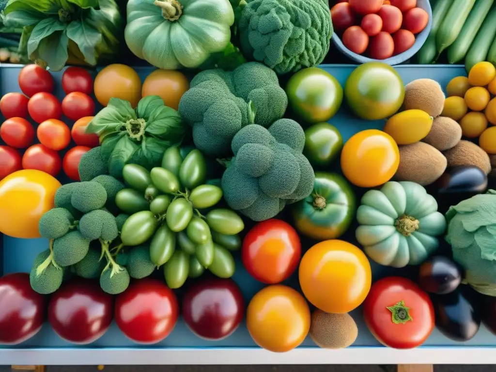 Un puesto de mercado rebosante de frutas y verduras frescas y coloridas, evocando recetas sin gluten innovadoras y deliciosas