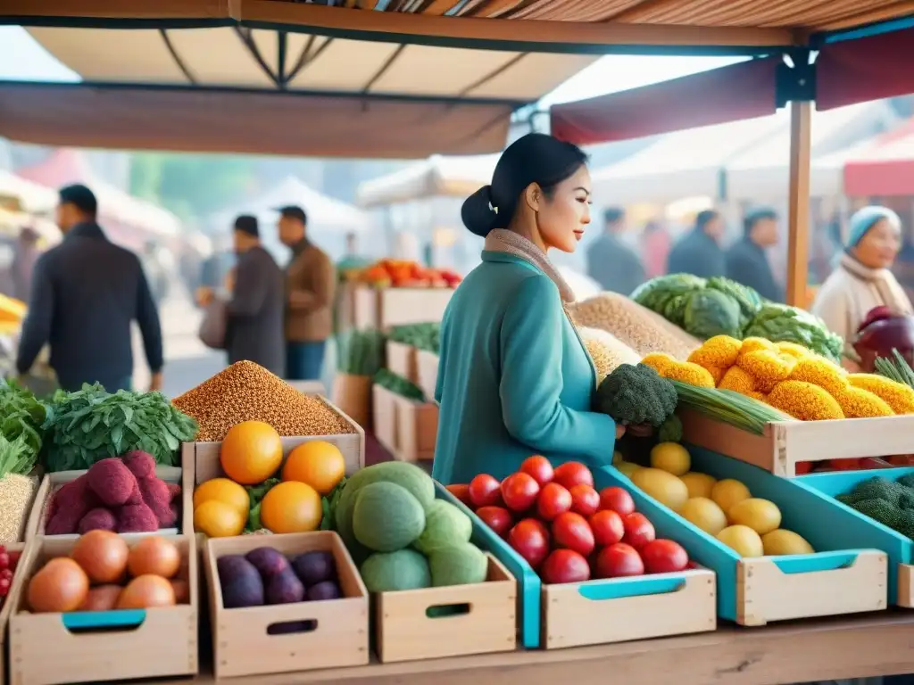 Un puesto de mercado rebosante de frutas, verduras frescas y granos sin gluten, creando una atmósfera equilibrada de nutrición y diversidad