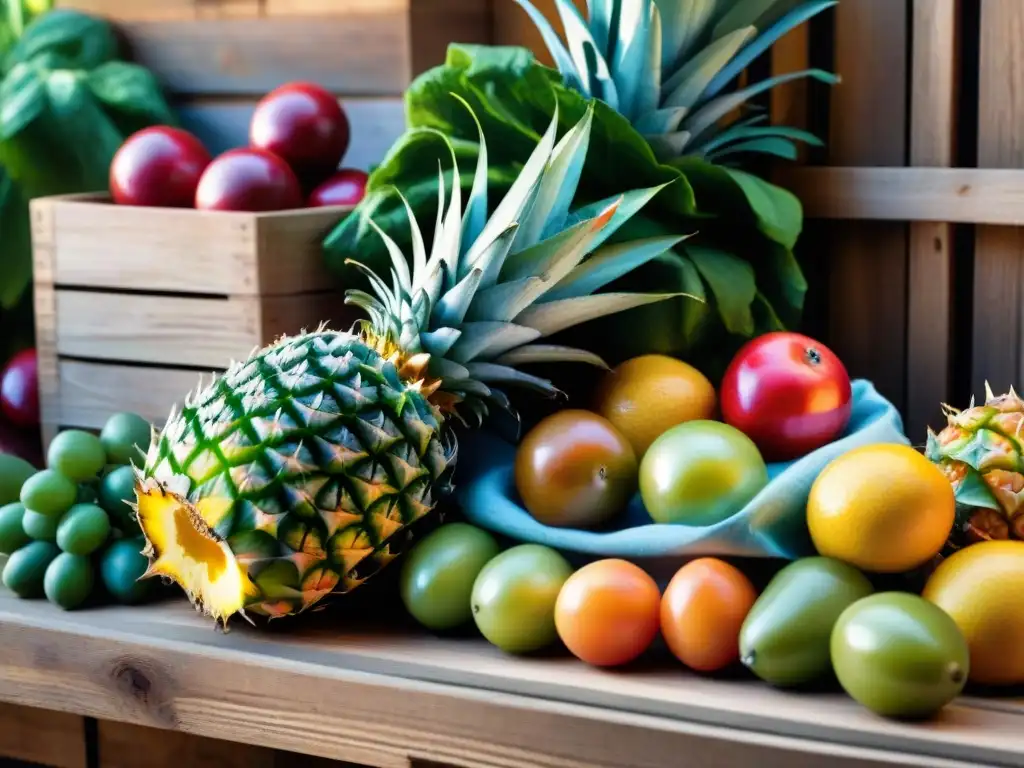 Un puesto de mercado rebosante de frutas y verduras frescas y coloridas