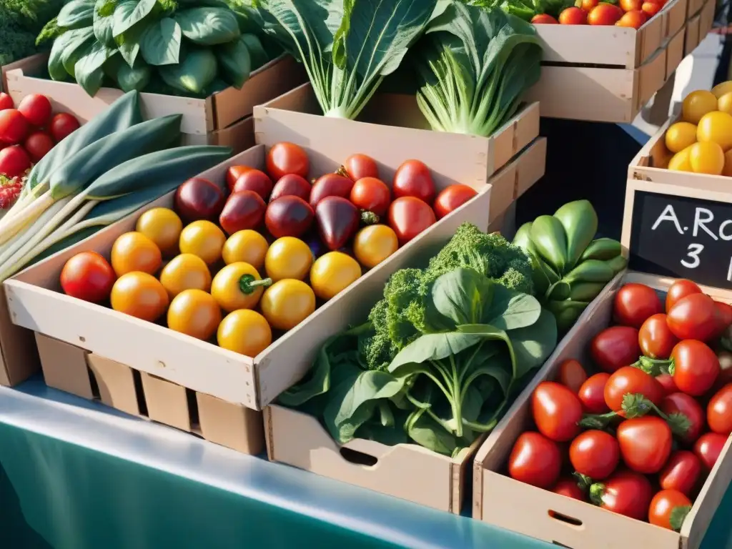 Un puesto de mercado rebosante de frutas y verduras frescas sin gluten, ideal para dieta FODMAP