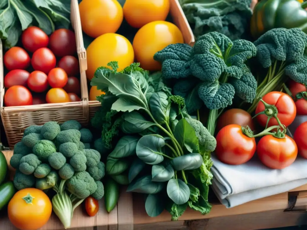 Un puesto de mercado rebosante de frutas y verduras orgánicas, bajo la suave luz del sol matutino