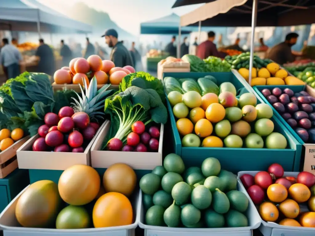 Un puesto de mercado rebosante de frutas y verduras frescas, iluminado por el sol