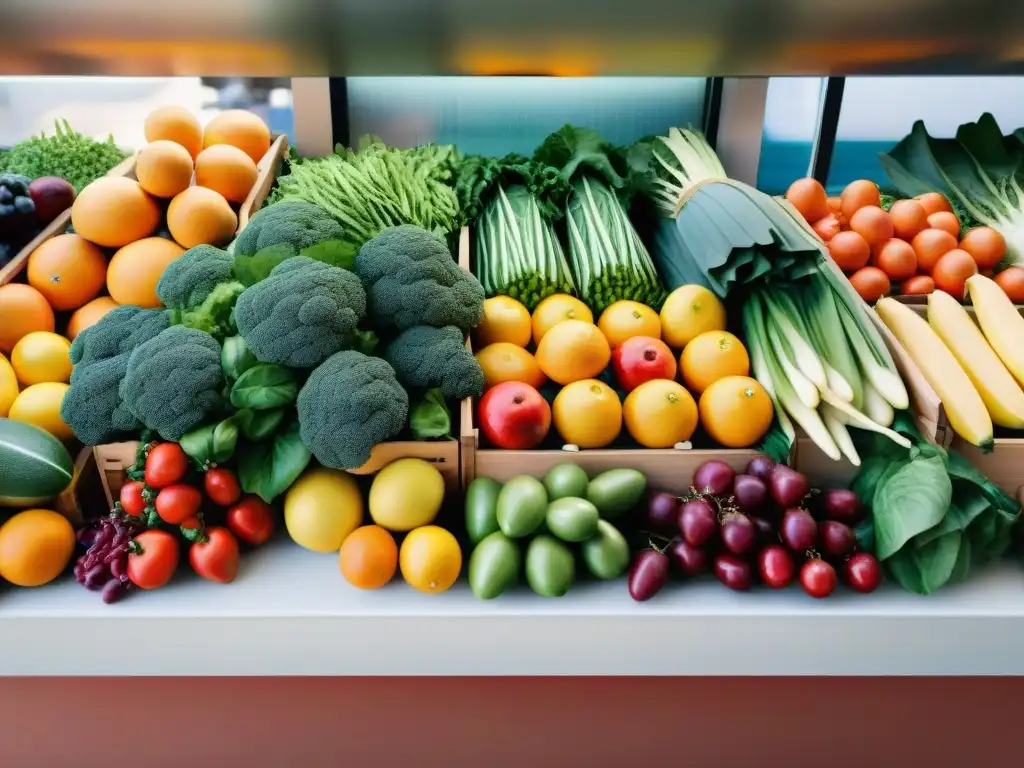 Un puesto de mercado rebosante de frutas y verduras vibrantes, resaltando beneficios vitaminas en dieta sin gluten