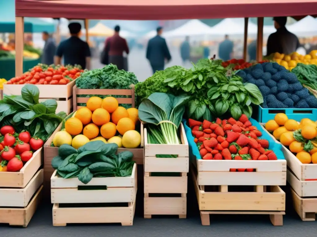 Un puesto de mercado rebosante de frutas y verduras coloridas, fuentes de vitaminas sin gluten, bajo la luz del sol