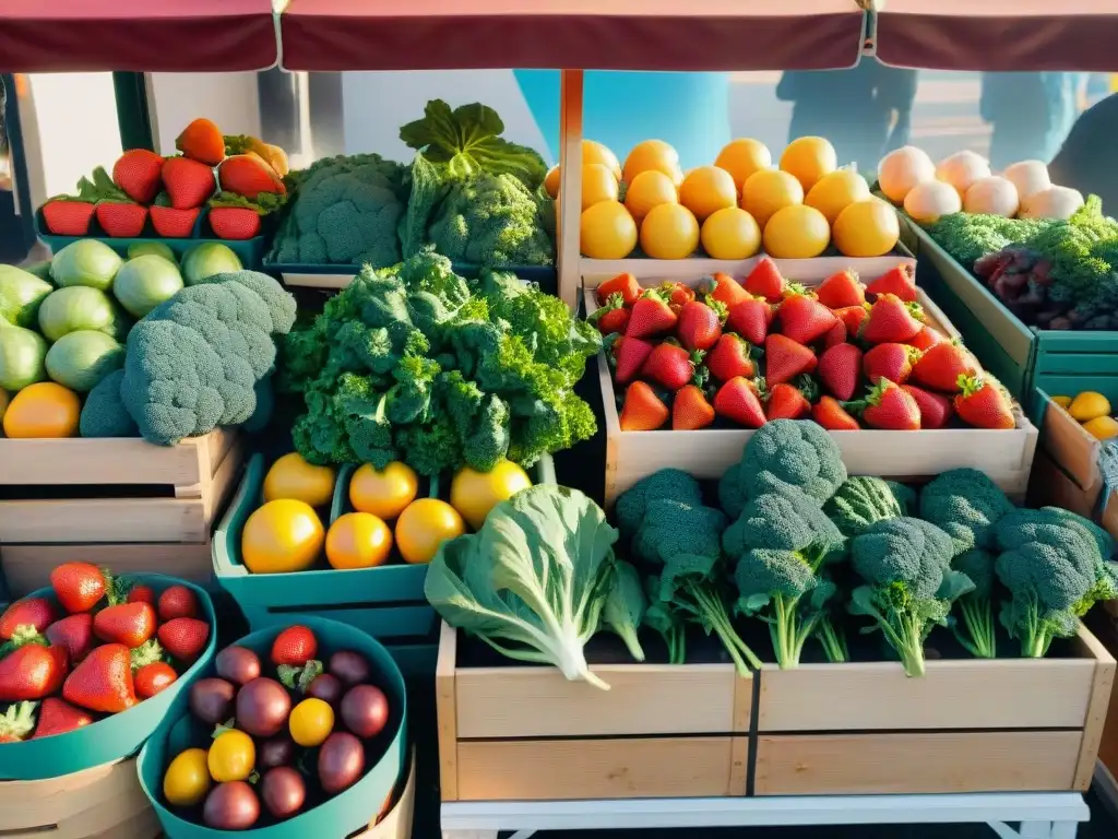 Un puesto de mercado rebosante de frutas y verduras coloridas, fuentes de vitaminas sin gluten, bañadas por la luz del sol