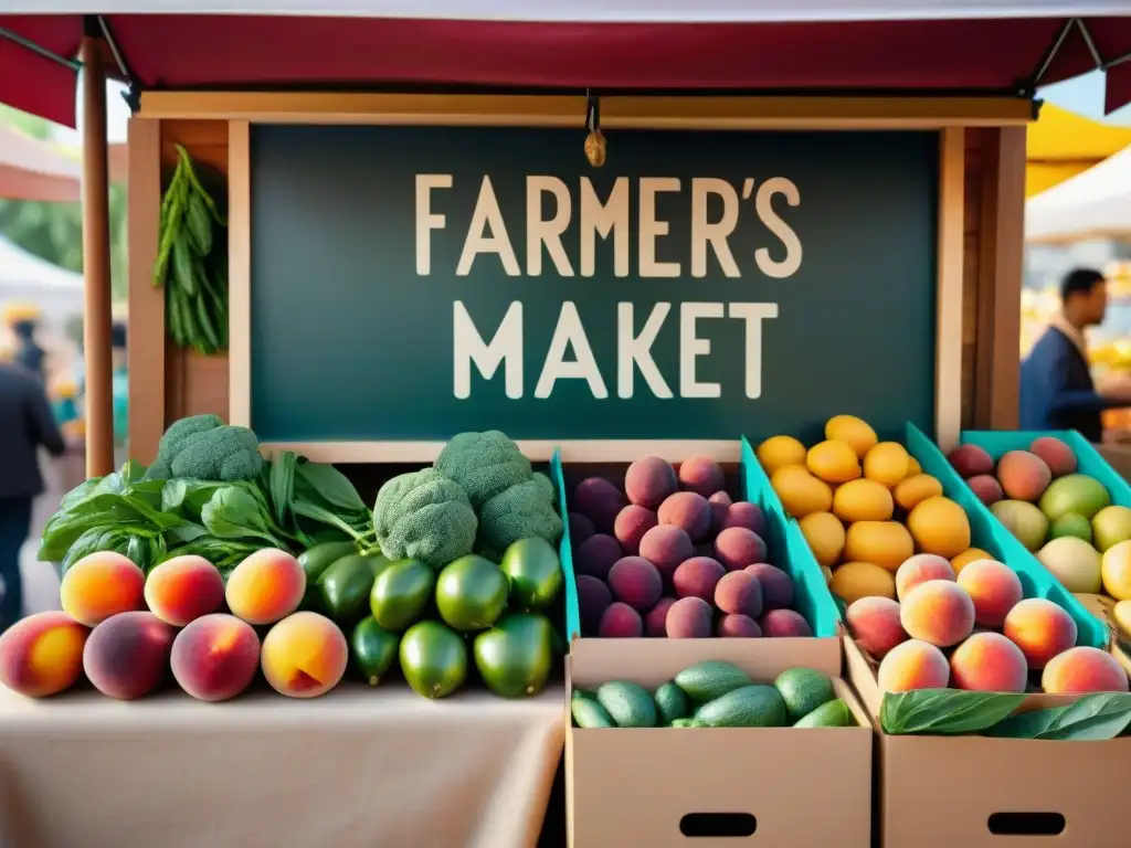 Un puesto de mercado rebosante de frutas y verduras coloridas y etiquetadas como fuentes de vitaminas sin gluten, bajo la cálida luz del sol