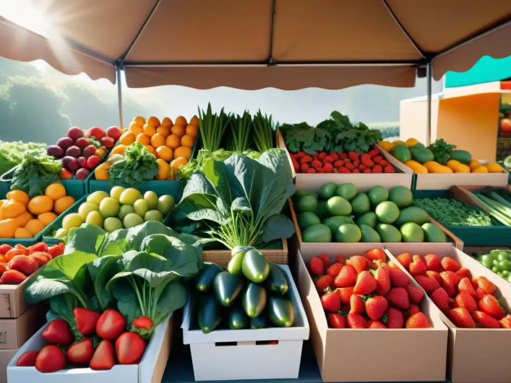 Un puesto de mercado rebosante de frutas y verduras coloridas, con opciones sin gluten