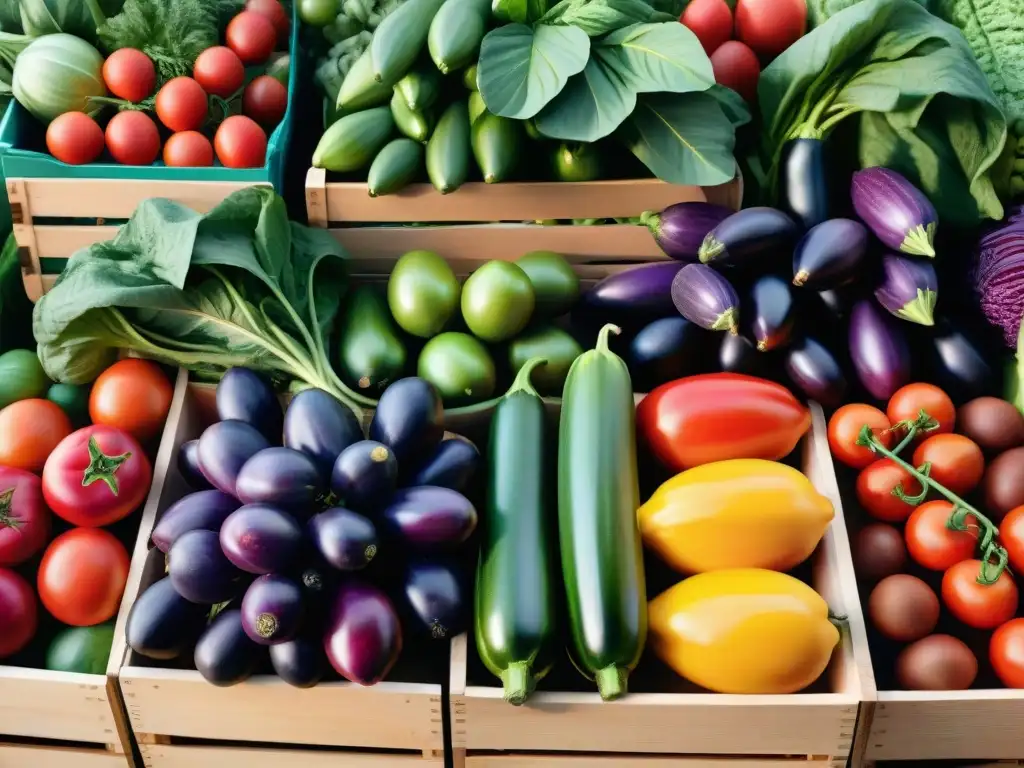 Un puesto de mercado rebosante de frutas y verduras frescas, coloridas y vibrantes